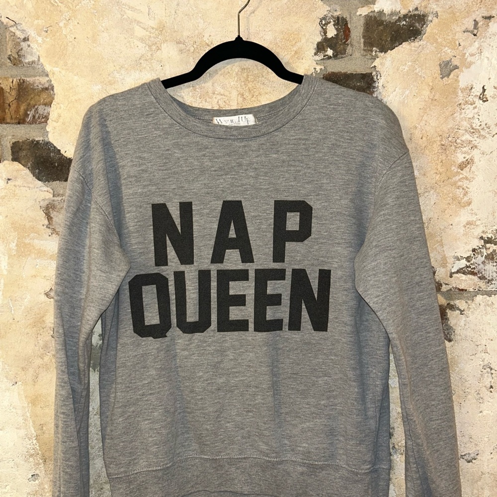 Wound Up Gray Crew Neck Sweater with Bold Black Print